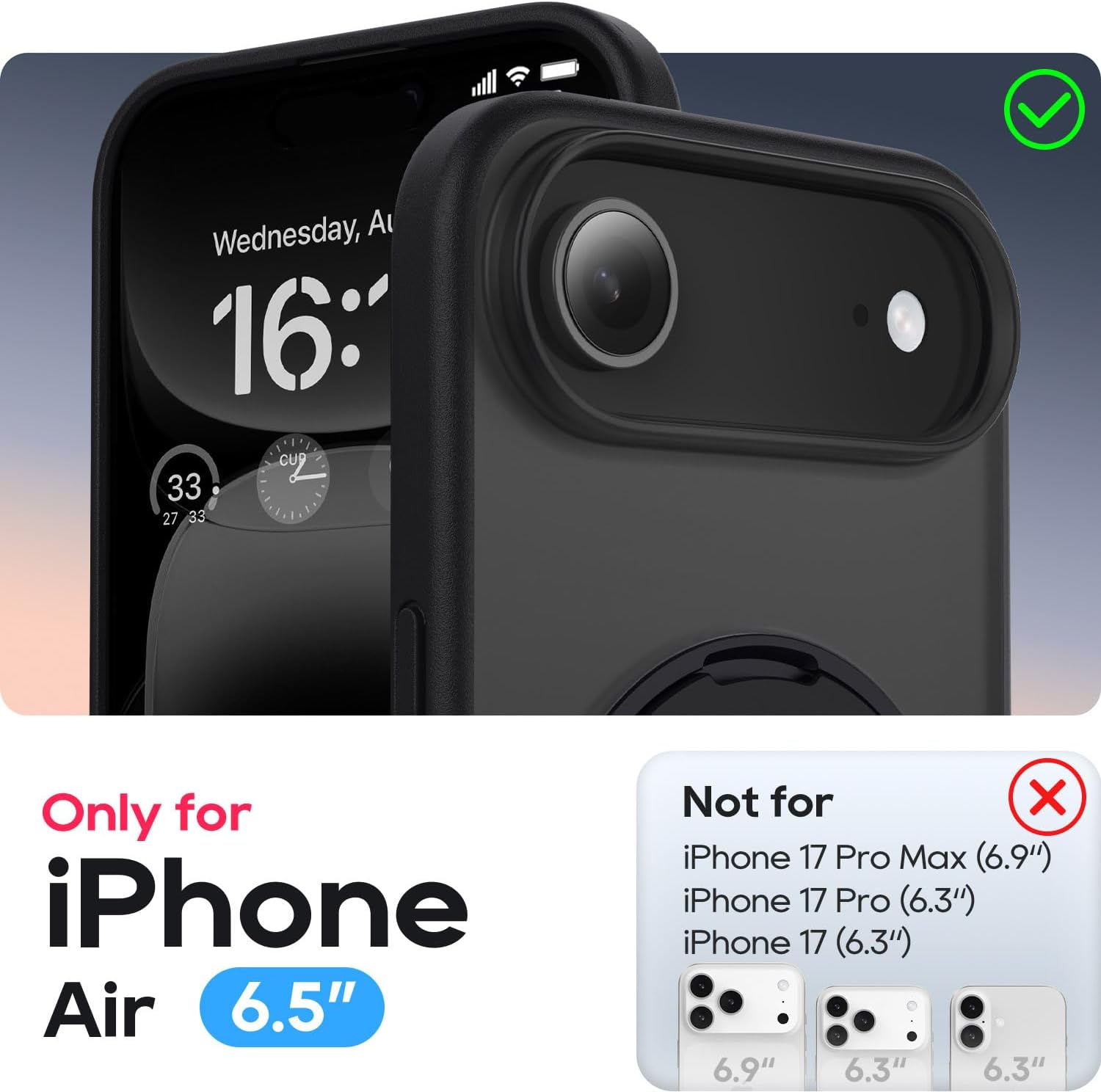for iPhone Air Case 6.5-Inch with Magnetic 360° Ring Stand Compatible with MagSafe Frosted Matte Shockproof Protective Phone Cover 6.5" 2025, Black