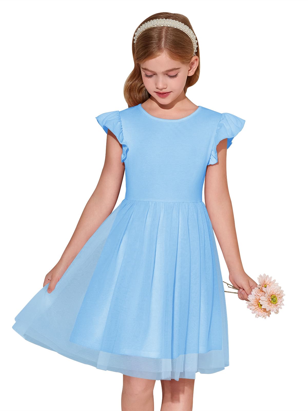 Haloumoning Vestido de niña con mangas con volantes, cuello redondo, monocolor, vestido de verano, línea A, vestido de princesa de tul, festivo, cumpleaños, boda, fiesta, vestido informal