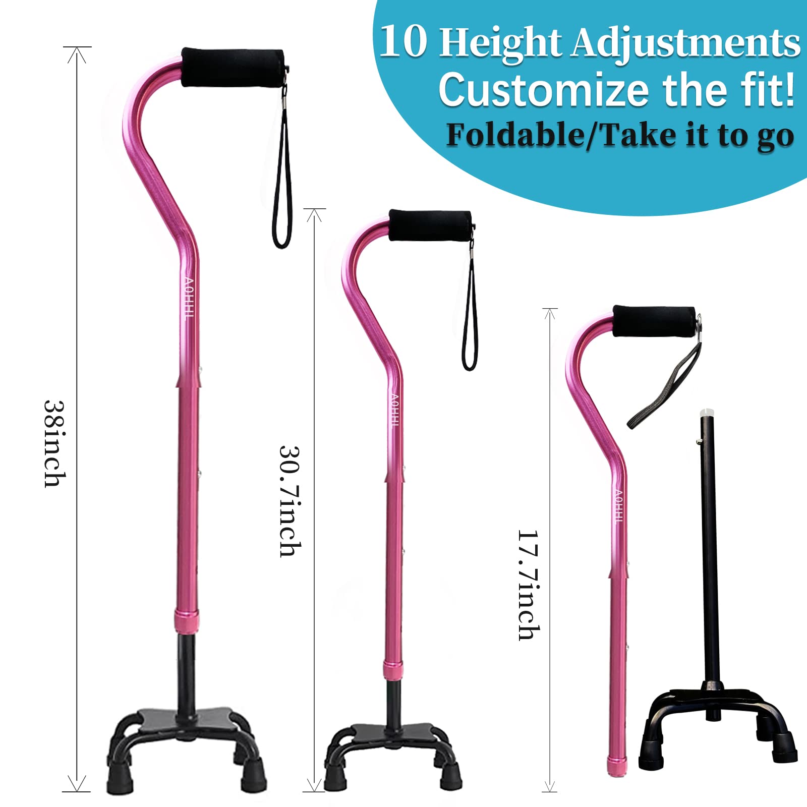 AOHHL Quad Walking Cane Foldable Adjustable Portable Stick Men & Women and Seniors - Lightweight & Sturdy with 4-Pronged Base for Extra Stability Balance,Self Standing Gifts for mom Dad(Pink)