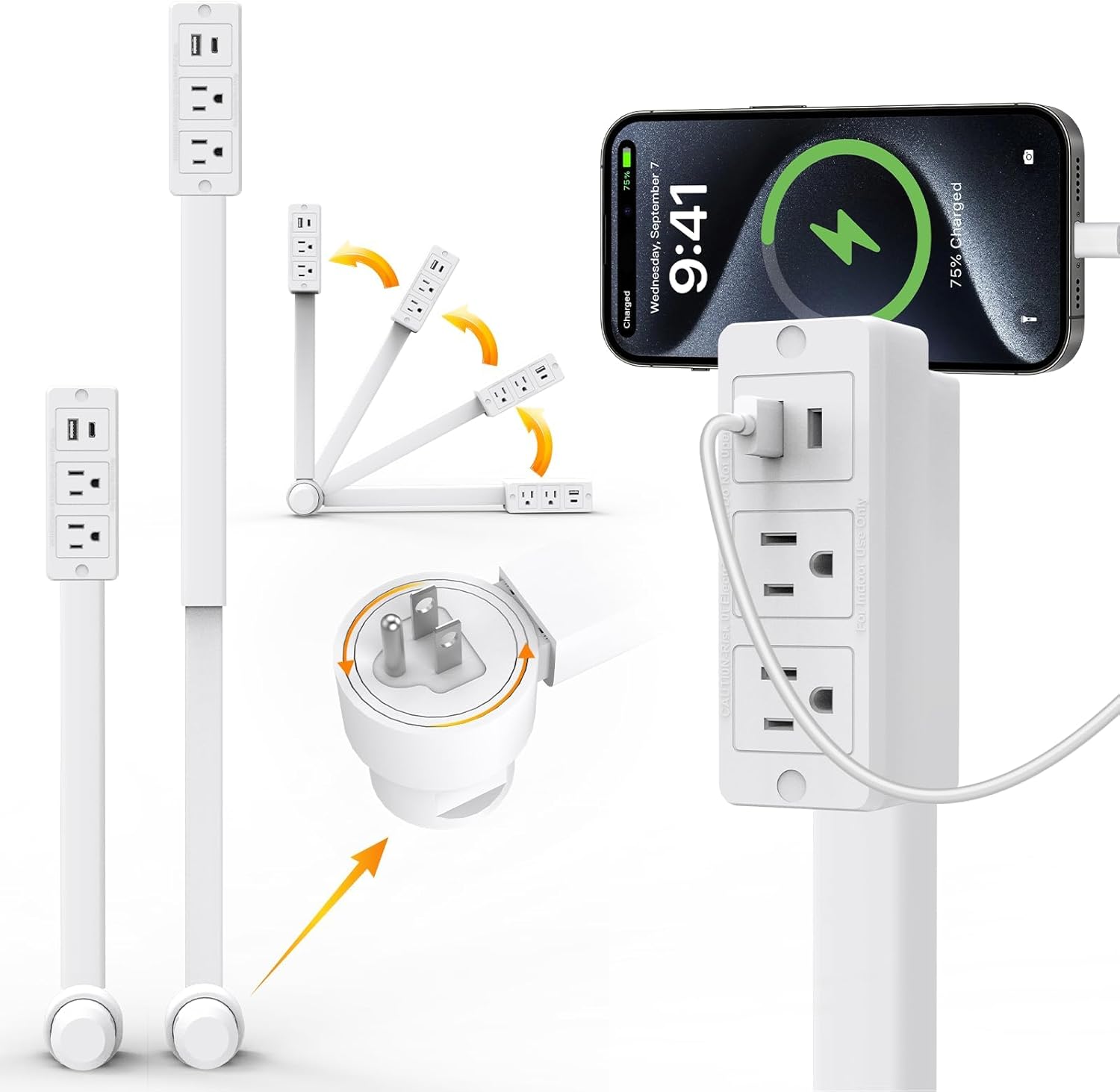Electrical Outlet Extender Stick with USB-C, 180° Rotating Flat Wall Plug Receptacle Extender, 2 AC & 3 USB Ports (1 Type-C), Damage-Free Install for Behind Couch, Desk, Dorm & Home Office