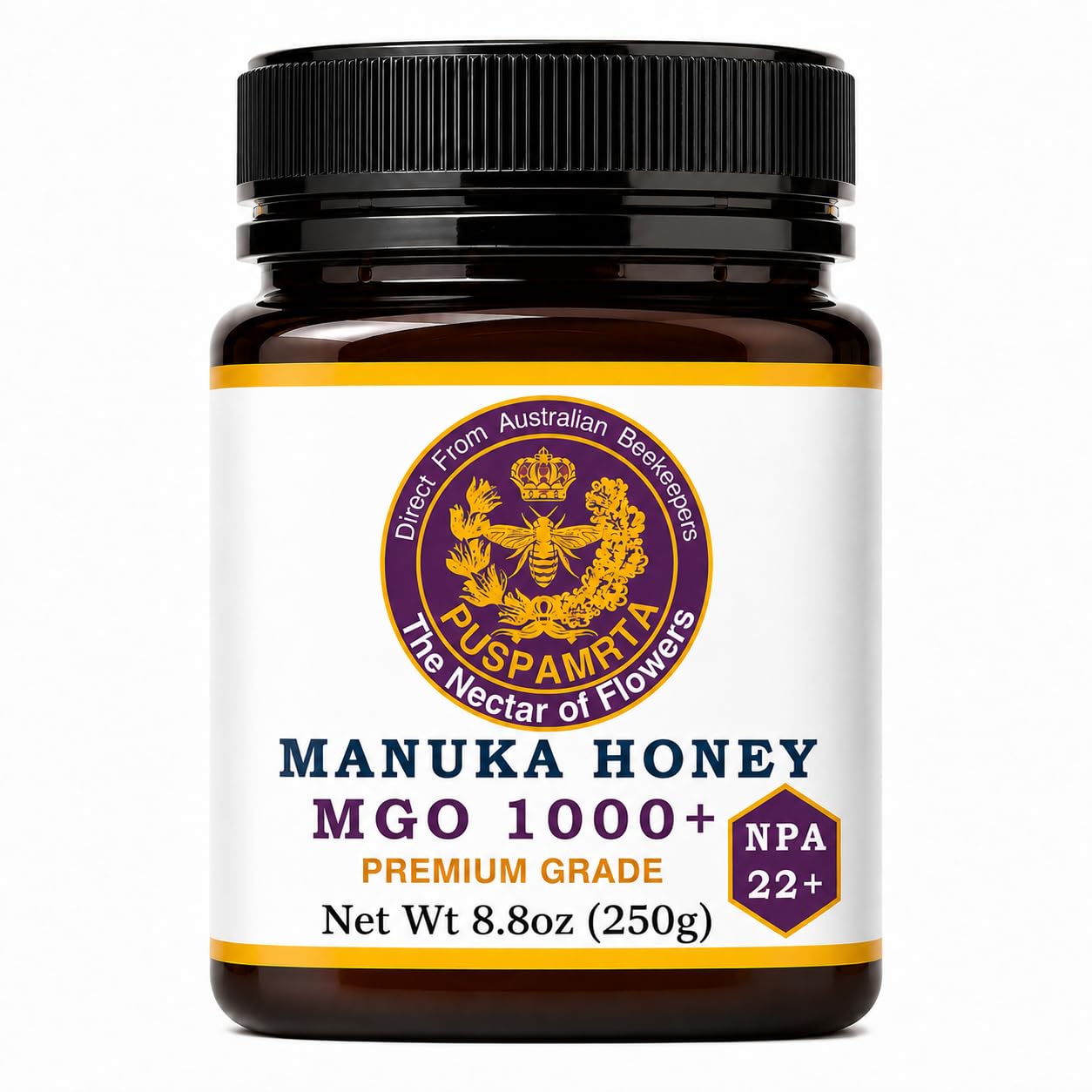 Puspamrta Australischer Manuka Rohhonig MGO 1000+ NPA 22+ 250g | MGO 1000+ NPA 22+ Australian Manuka honey, 250g jar for tea, toast, breakfast and pantry use