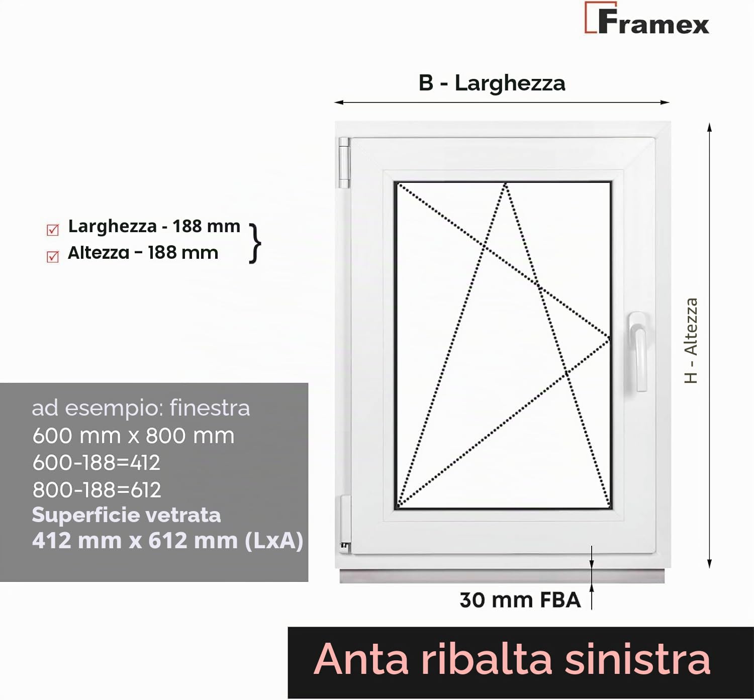 Finestra Seminterrata Piccola in PVC Bianco, Larghezza x Altezza 100 x 50 cm (1000 x 500 mm), Doppi Vetri (32 mm), Anta-Ribalta, Girevole DIN Sinistra – Premium