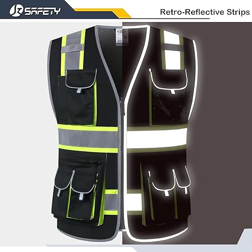 Miniatura 4 de JKSafety Chaleco de seguridad frontal con 10 bolsillos clase 2 de alta visibilidad con tiras reflectantes, cumple con los estándares ANSIISEA