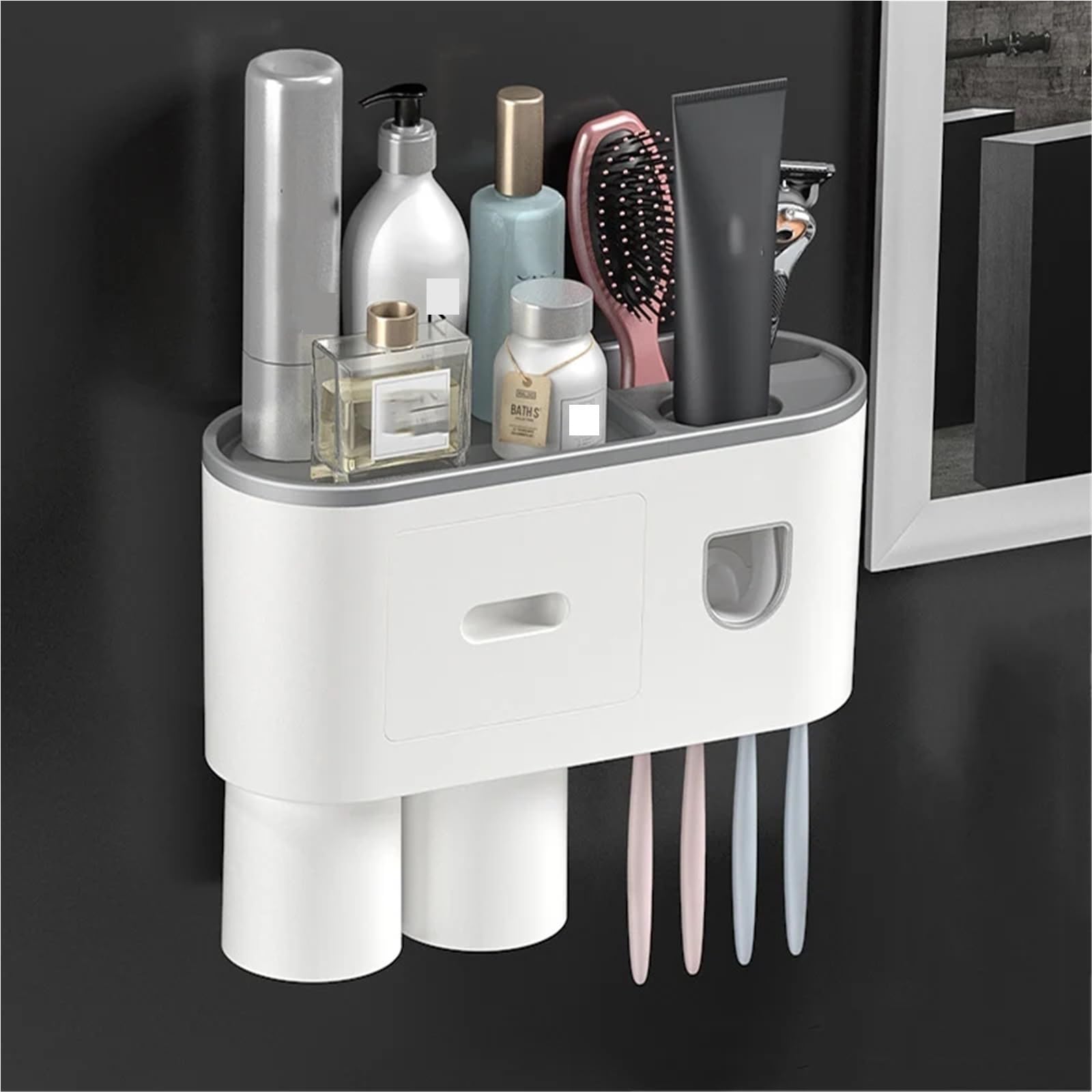Portaspazzolino invertito, dispenser automatico di dentifricio, set di strumenti per montaggio a parete, ad assorbimento magnetico (132 x 274 mm)
