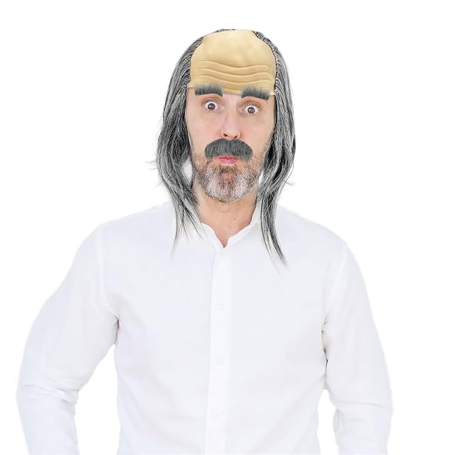 UILYNIU 3 Piezas Gris Juego de Pelucas para Disfraces de Abuelo con Barba y Calva (Gris)