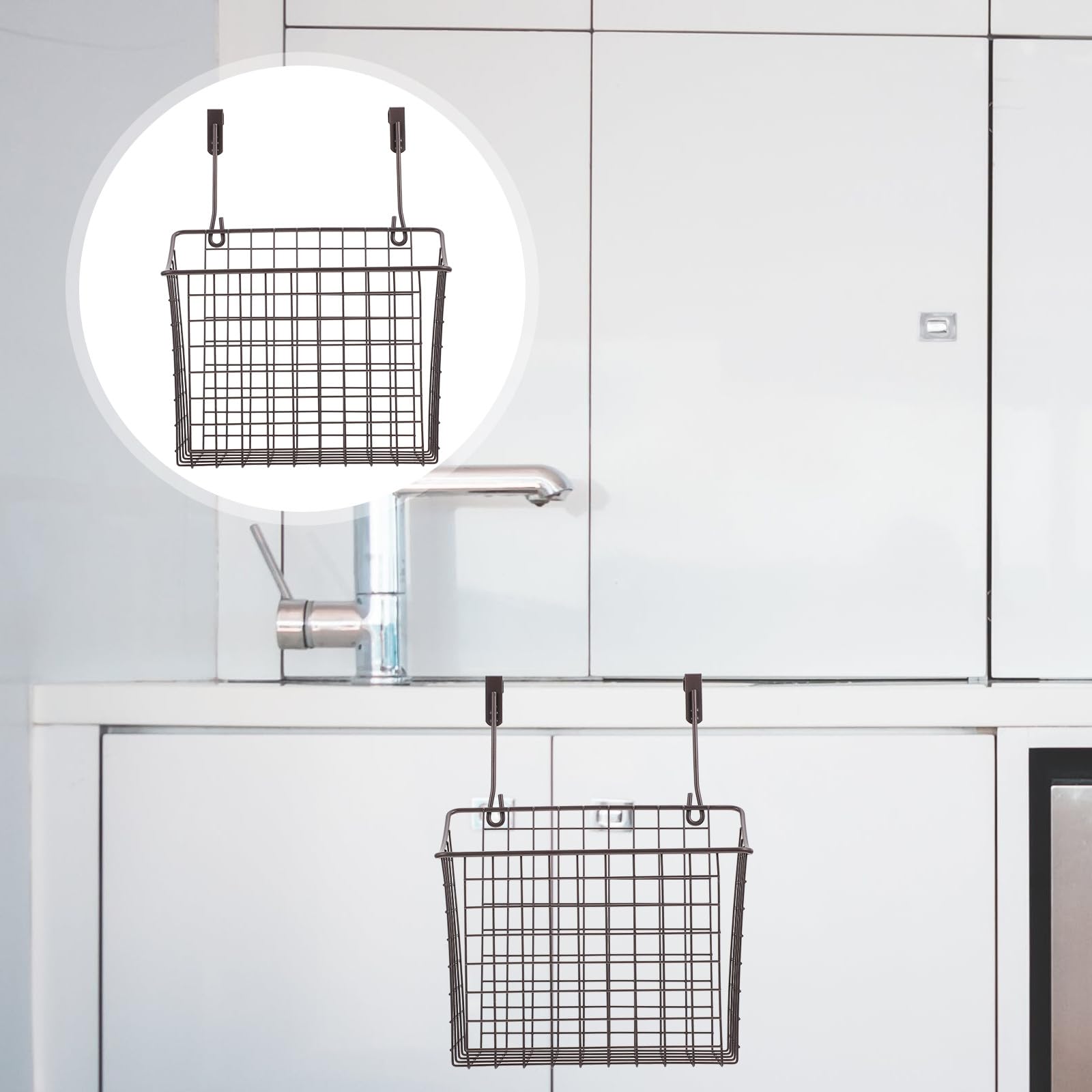 Amosfun Cesta de Almacenamiento Colgante para Puerta de Cocina Negra de Alambre de Hierro, Cesta Organizadora de Gran Capacidad para Despensa y Hogar, Soporte Práctico para Utensilios y