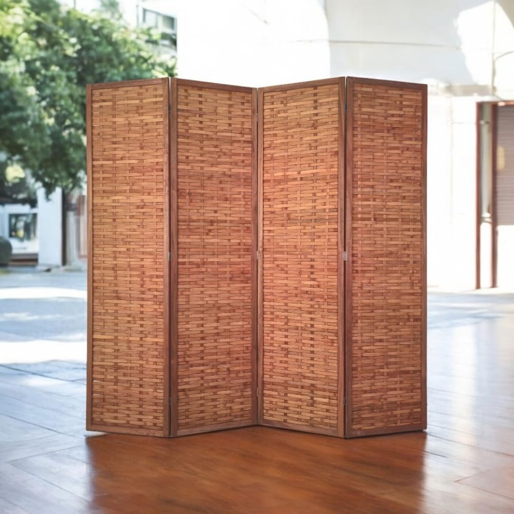 EME Biombo Rústico con 4 Paneles 180x180 cm Separador de Estancias y Ambientes Fabricado de Madera - Biombo con Estructura Plegable. Ideal para Decoración.