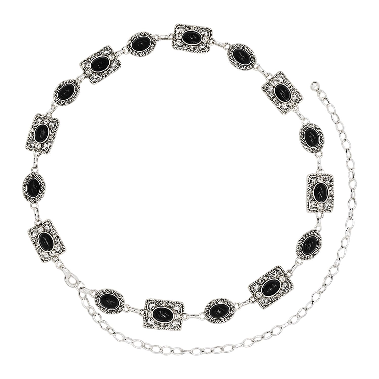 Women's Adjustable Waist Chain With Antique Black Stone Oval and Rectangular Pattern Design Silver Metal Chain For Dress, Saree, Lehenga Decorative Waist Belt (Silver)-image-35
