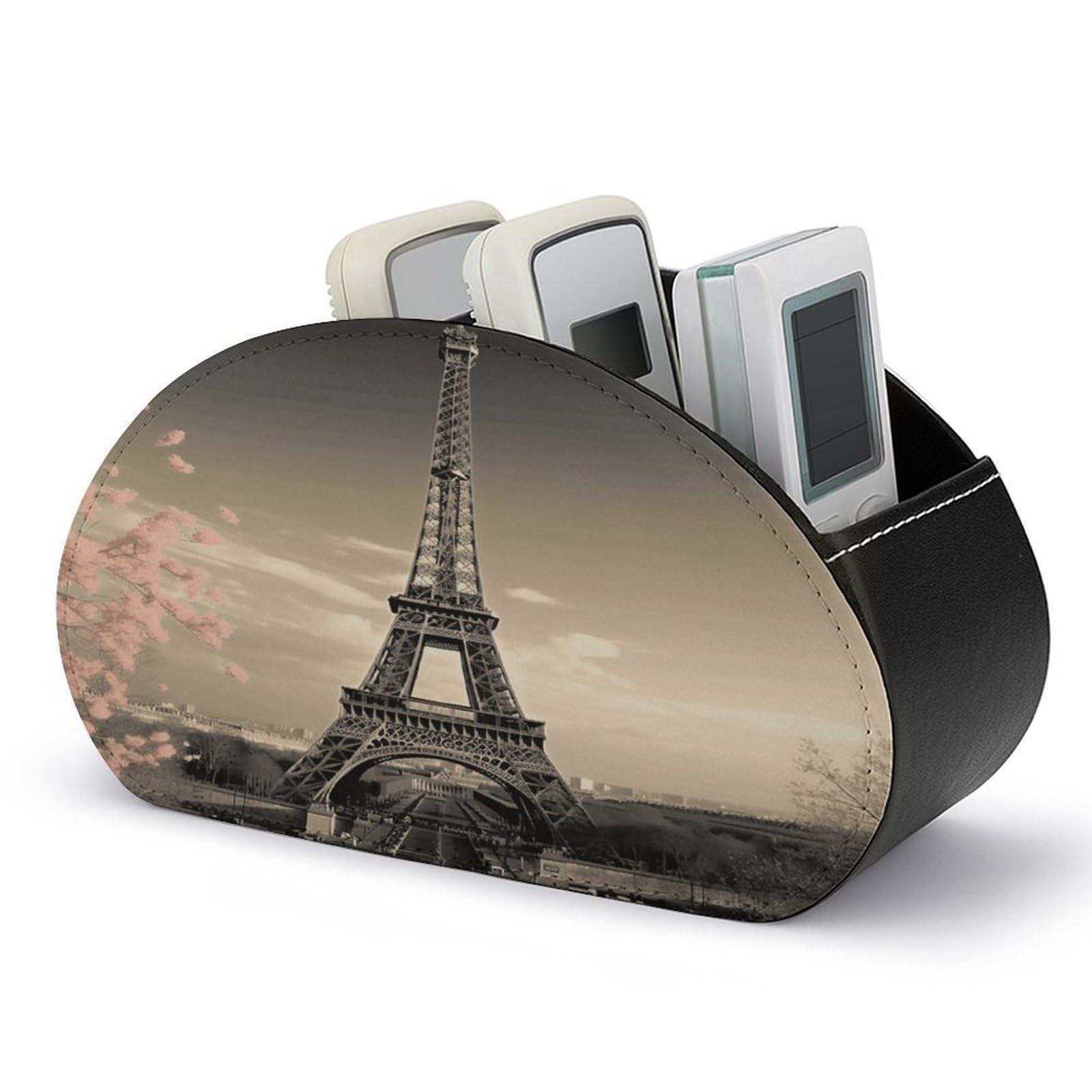 FekiLoot Paris Tower Remote Control Holder with 5 Compartments Multi-functional TV Remote Caddy Organizer Leather TV Remote Holder Desktop Organizer Store for Bedside Table Office Desk