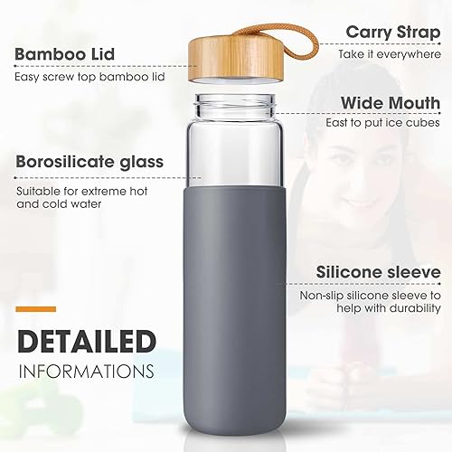 Miniatura 2 de Botella de agua de vidrio de 25 onzas con tapa de bambú, botellas de agua de vidrio de borosilicato con funda, boca ancha y botella de agua apta