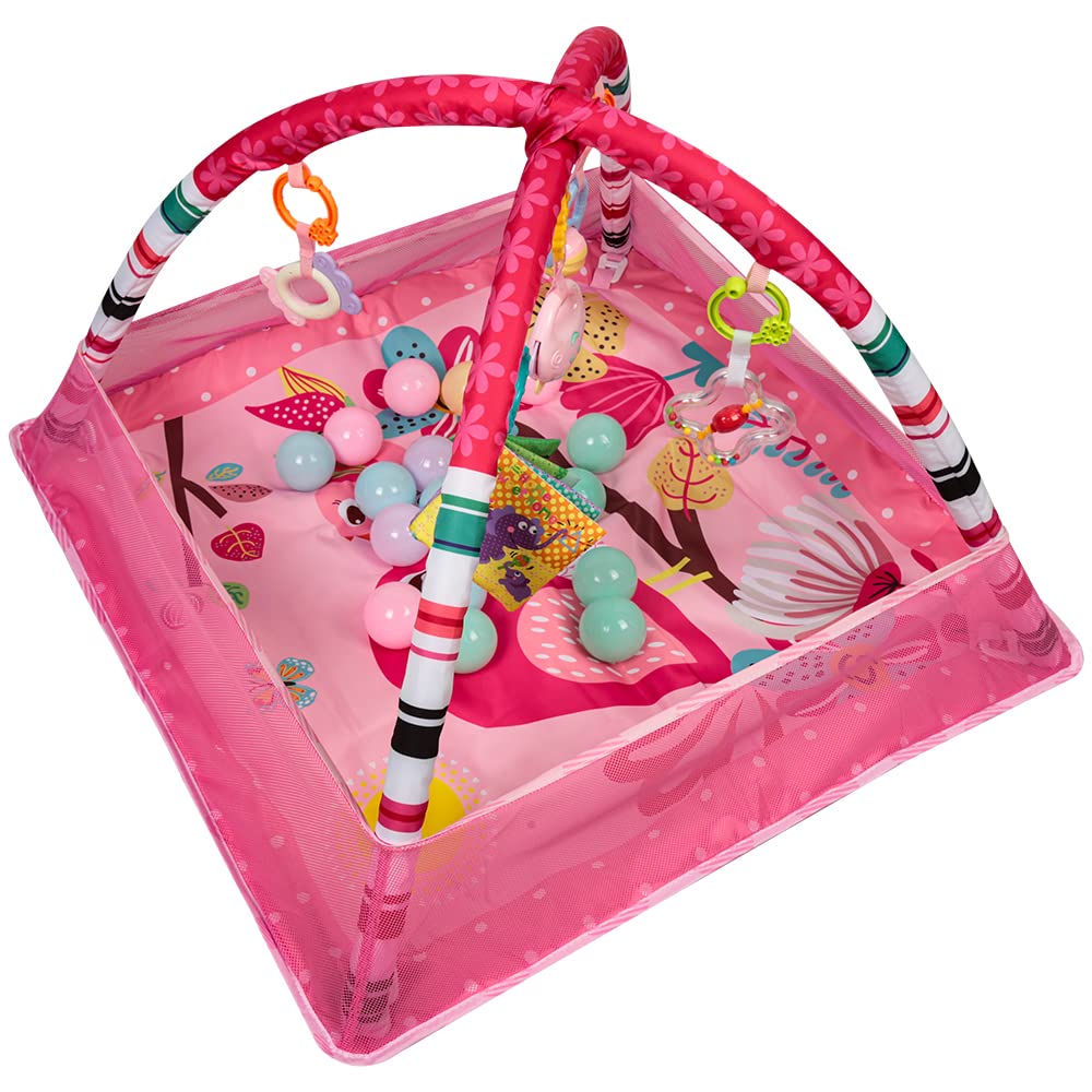 Parc de jeu bébé carré avec arche d'éveil, tapis d'activités, 18 balles de piscine incluses, pour nourrissons 0 à 3 ans，Rose