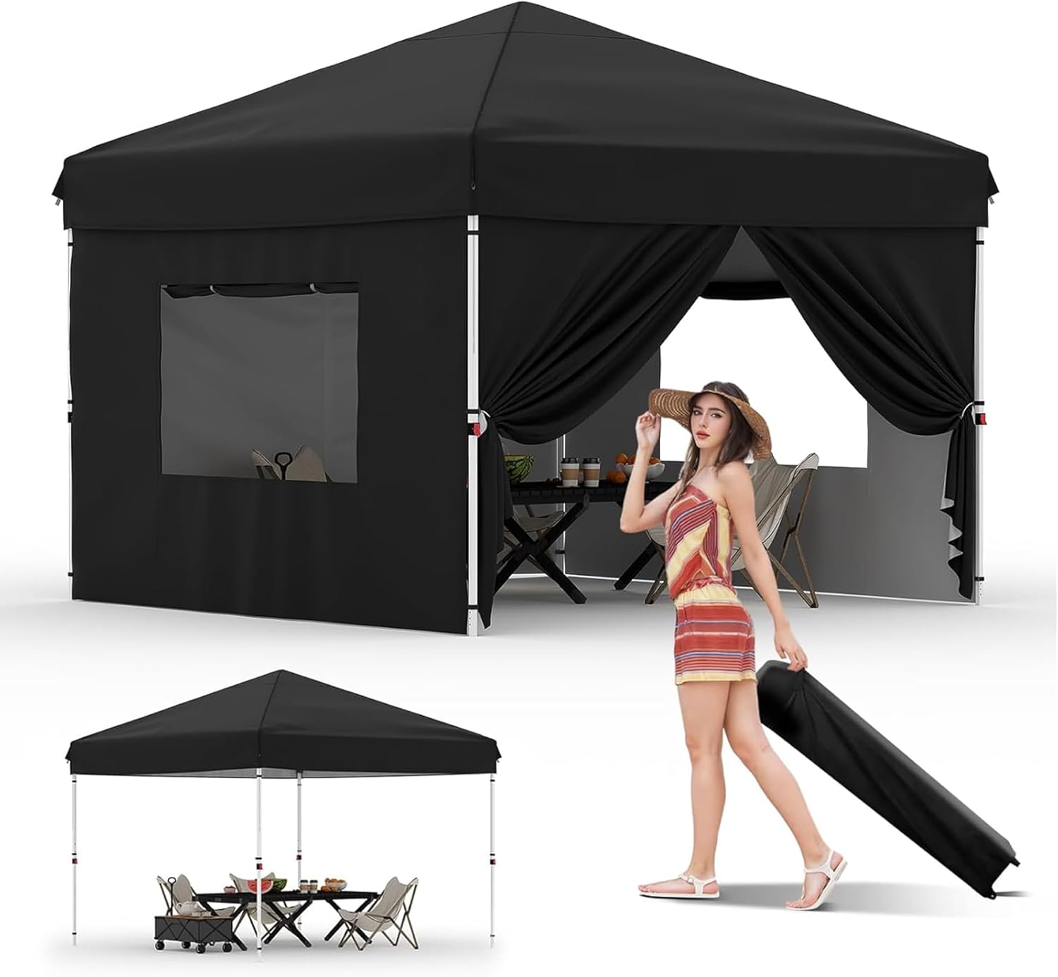 10x10 Pop Up Canopy Tent with 4 Sidewalls, Easy Up Camping Tent with One Button Push Setup, 3 Adjustable Height Outdoor Party Tents with 4 Weight Bags for Outdoor Events, Camping, Black