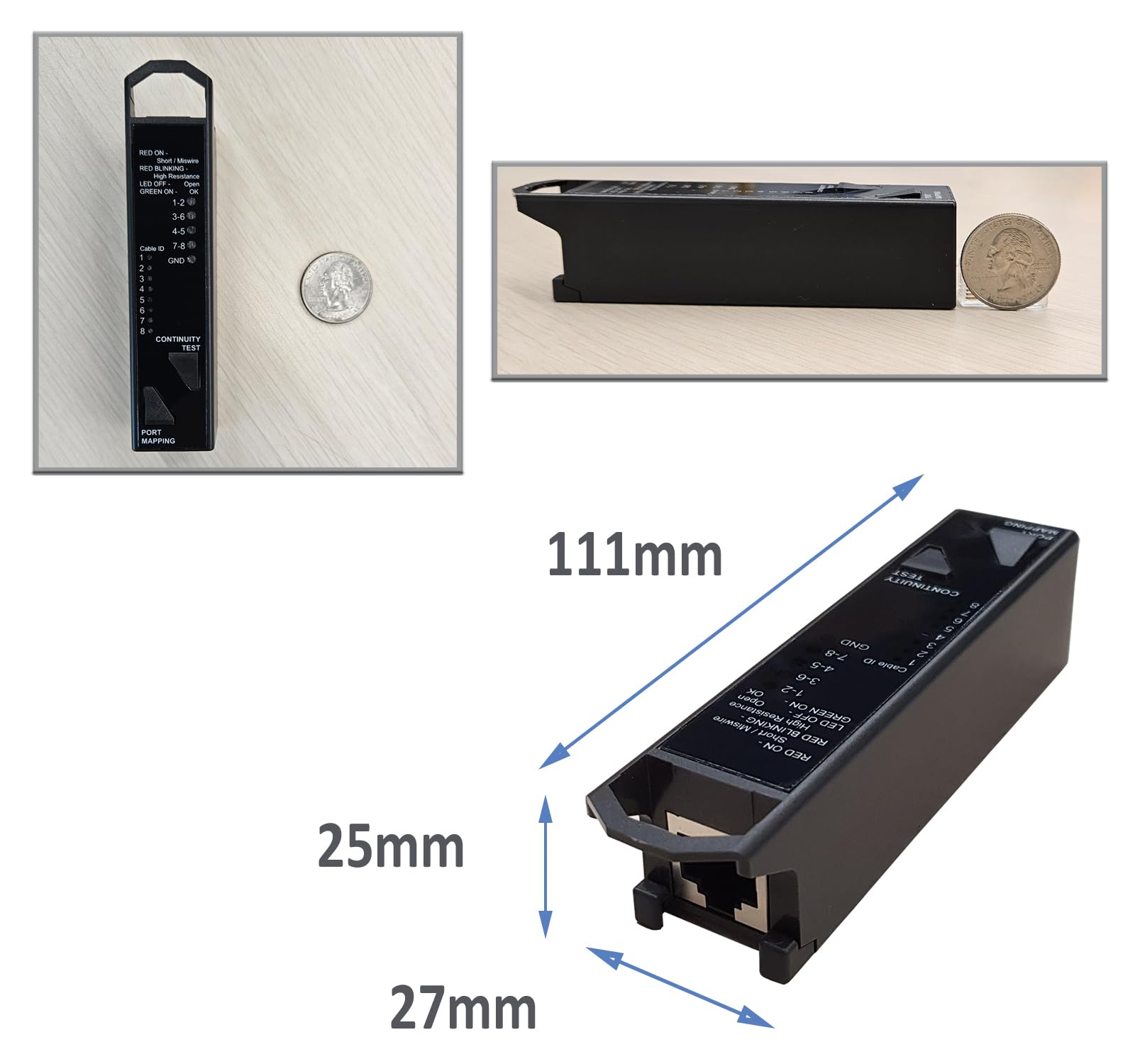 Tester per cavi di rete RJ45 3 in 1, per resistenza, continuità e mappatura delle porte, formato tascabile, per cavi UTP/STP C5e, C6, C6a, C8, con 8 identificatori di circuito