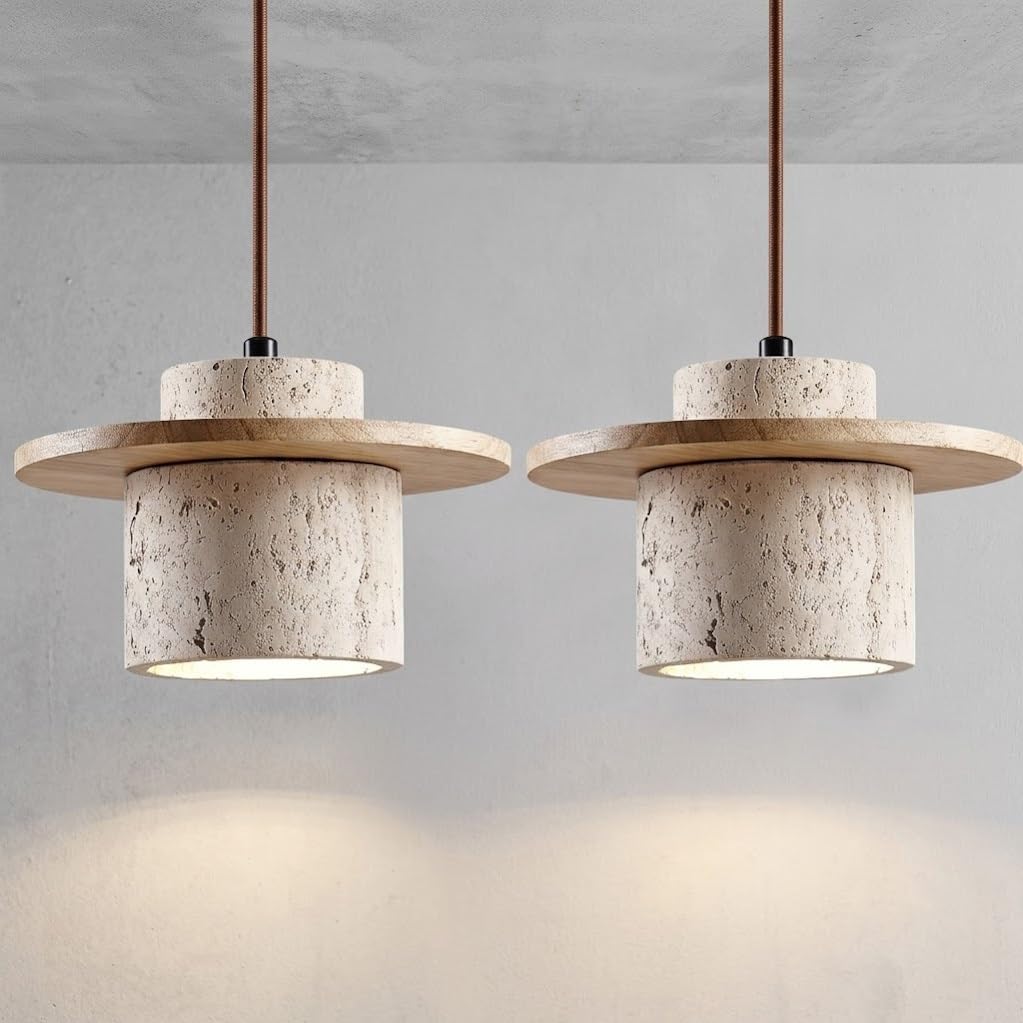 COSRUB Japanese Travertine Pendant Lights Set of 2, Cylindrical Stone Chandelier with Wooden Disc Nordic Farmhouse Small Hanging Lamp for Bedside Dining Room(Wood)