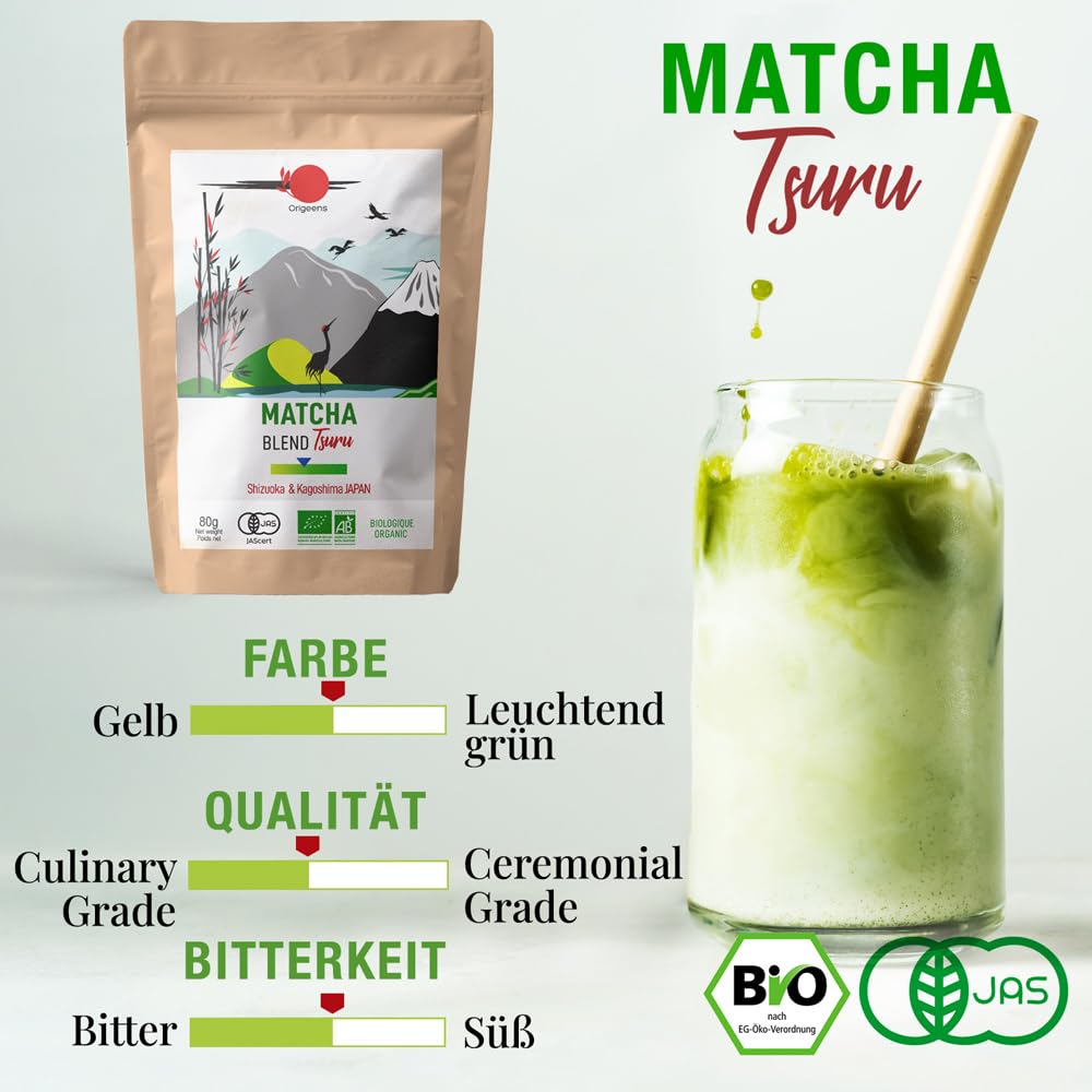 ORIGEENS MATCHA SET MIT PULVER "JADE" - Handgefertigte Matcha-Schale (Portugal), Matcha-Besen, Bambuslöffel, BIO Matcha-Tee aus Japan - Matcha Tee Set für Teezeremonie, Geschenkset