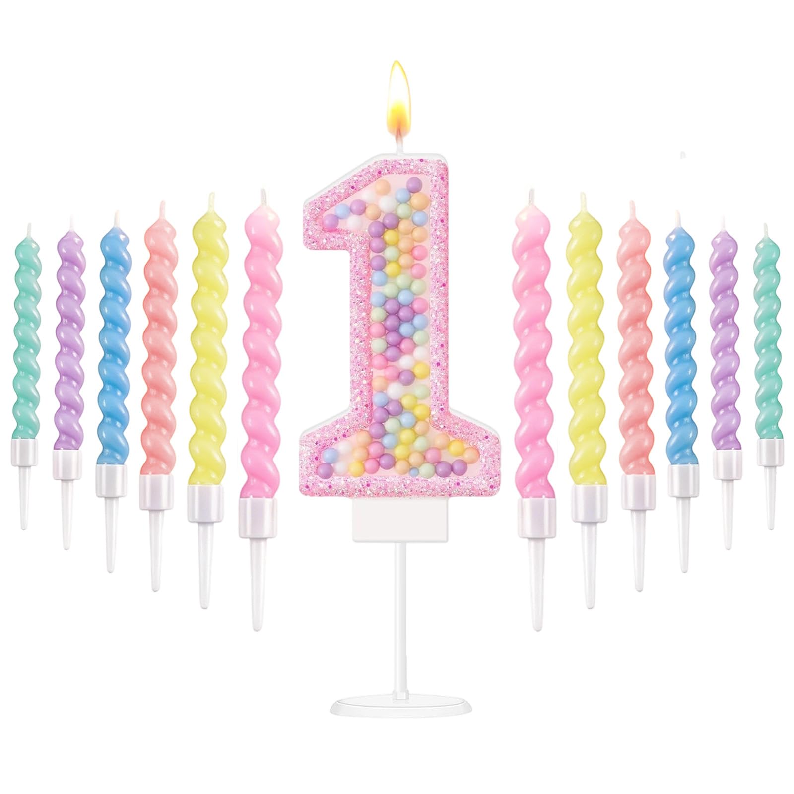 Pink Macaron 1st Birthday Candles Set, Number 1 Birthday Candle with 12pcs Spiral Candles for Girls Boy 1st Birthday Decorations, Rainbow Cake Topper for Party Decoration, Baby Showers Supplies