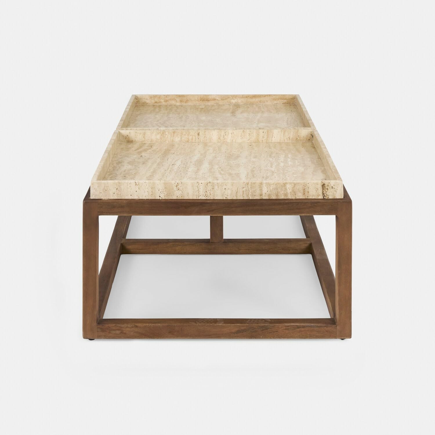 Loberon Edwyn Tavolino da Salotto - Struttura in Legno di Mango dal Design Sobrio - Vassoi in travertino Rimovibili, Marrone/Crema