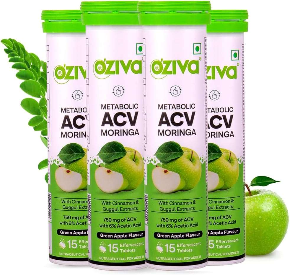 OZiva ACV Moringa | Control Cravings I Apple Cider Vinegar, Cinnamon, Guggul I No Maltodextrin & No Added Sugar I 15 Effervescent Tablets - Green Apple, Pack of 4 (60 tablets).