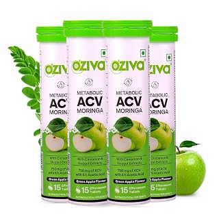 OZiva ACV Moringa | Control Cravings I Apple Cider Vinegar, Cinnamon, Guggul I No Maltodextrin & No Added Sugar I 15 Effervescent Tablets - Green Apple, Pack of 4 (60 tablets). - Amazon product rated Grade A