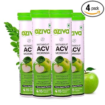 OZiva ACV Moringa | Control Cravings I Apple Cider Vinegar, Cinnamon, Guggul I No Maltodextrin & No Added Sugar I 15 Effervescent Tablets - Green Apple, Pack of 4 (60 tablets). - image, photos