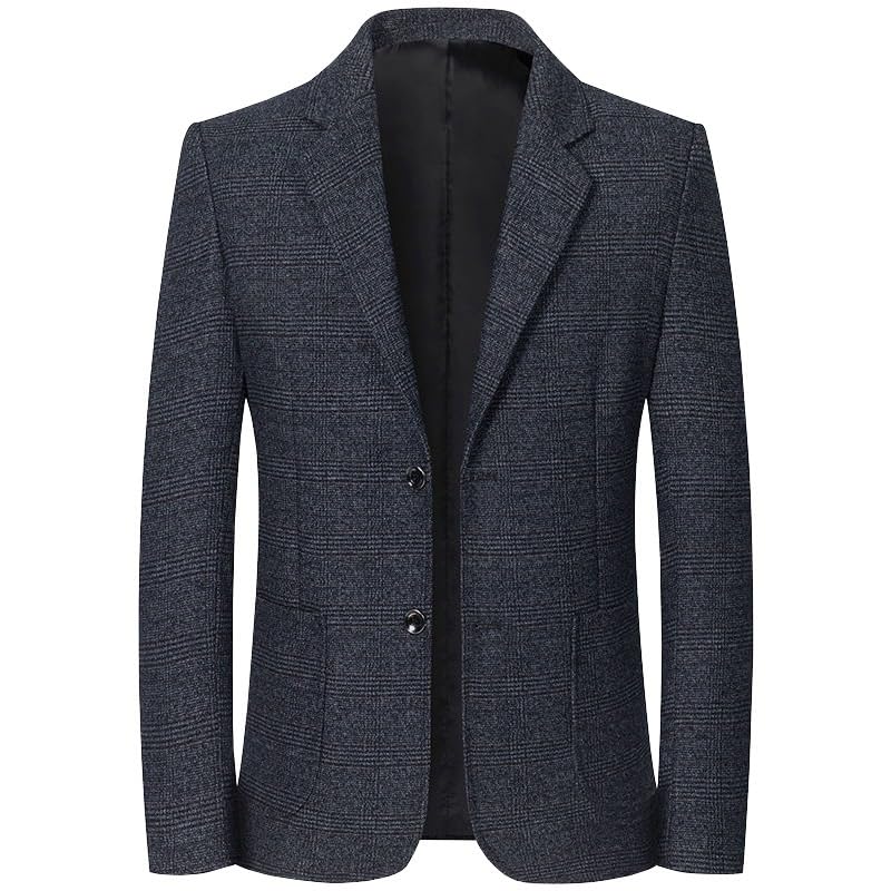 Mens Dark Blue Herringbone Casual Knit Sport Coat Lightweight Two Button Suit Jacket