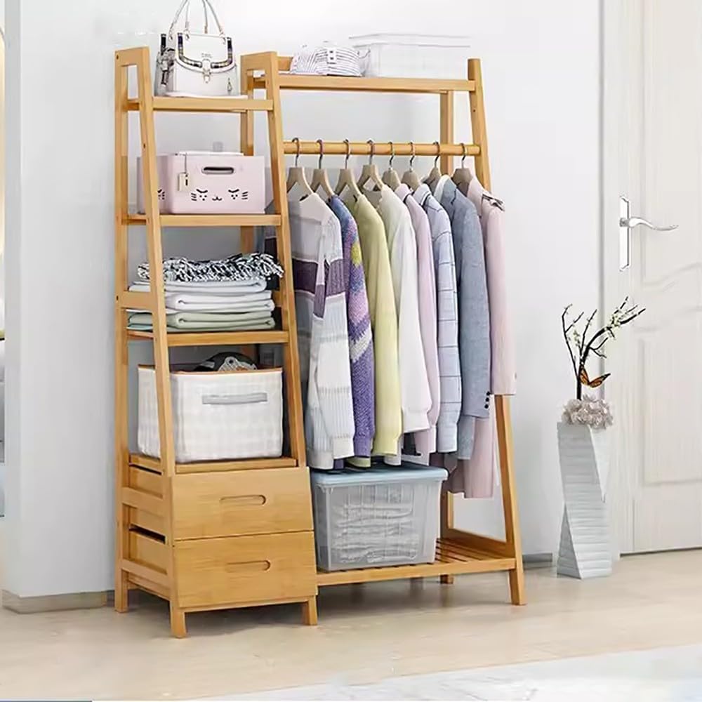 MYUYEE Bamboo Clothes Rack With Drawers, Coat Rack Drying Rack Open Wardrobe Floor Clothes Hanger Garment Rack For Bedroom Hallway, Load Capacity 100Kg, 90/110/130Cm(90Cm)
