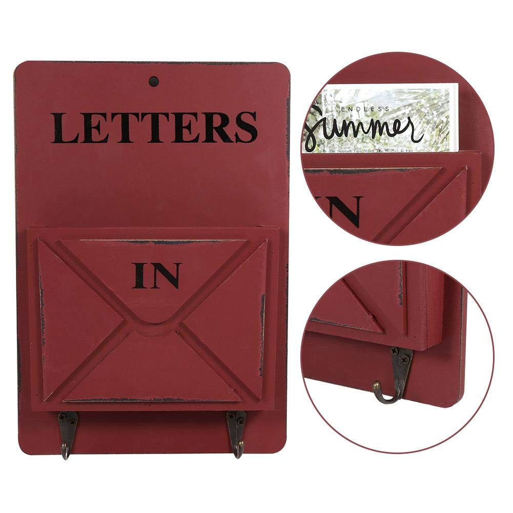 Decorazione Domestica Creativa di stoccaggio della Parete del Portachiavi dello scaffale di Lettere della Cassetta Postale di Legno con Il Gancio(Rosso)