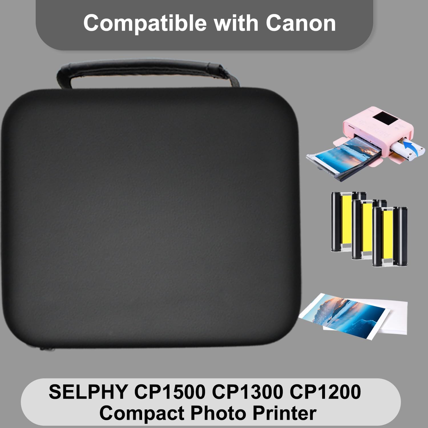 Kompatybilny z Canon Selphy CP1500 tusz i papier oraz twarde etui, KP-108IN KP108 3 wkłady atramentowe i 108 arkuszy papieru fotograficznego 4x6 i Black Case do Selphy CP1500 CP1300