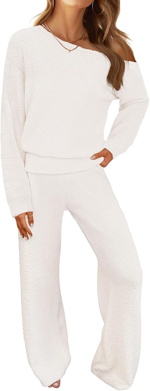 MEROKEETY Women's Fall Pajama Set Fuzzy Fleece 2 Piece Loungewear Off Shoulder Sweater Tops Wide Leg Pants Matching Outfits