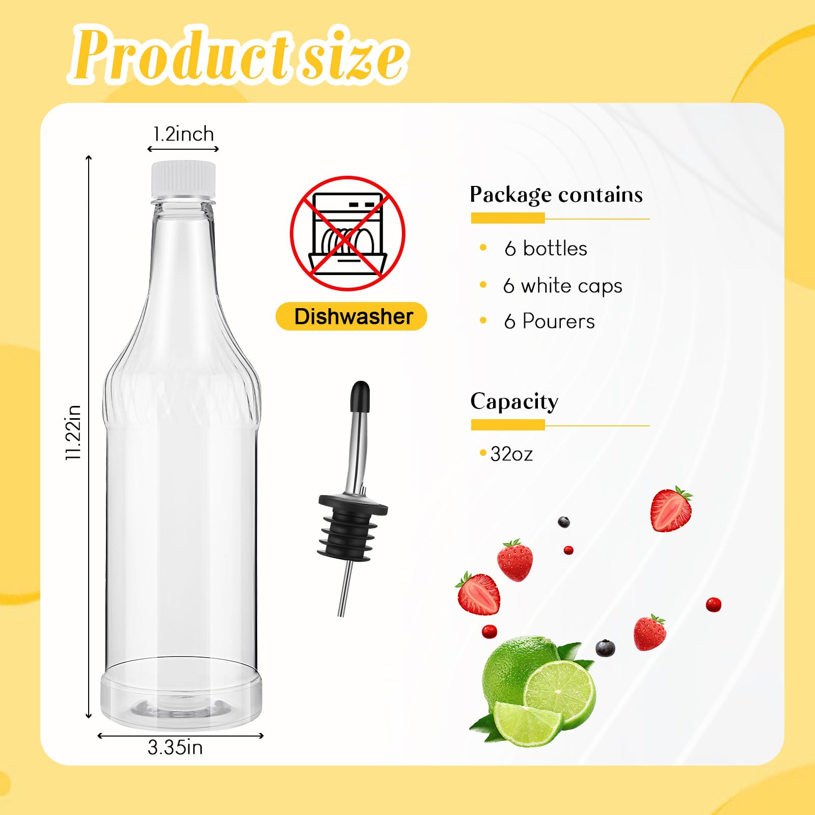 Dandat Confezione da 6 bottiglie in plastica a collo lungo da 907 ml, con 6 versatori e tappi, in plastica, con beccuccio affusolato in acciaio inox, per liquori (versatore argentato)