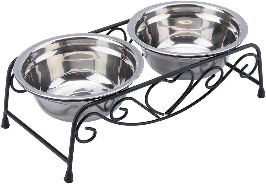Stainless Steel Elevated Pet Bowls Set,Raised Pet Bowls Double Dog Cat Food Water Bowls Feeder Dishes with Shelf Iron Stand