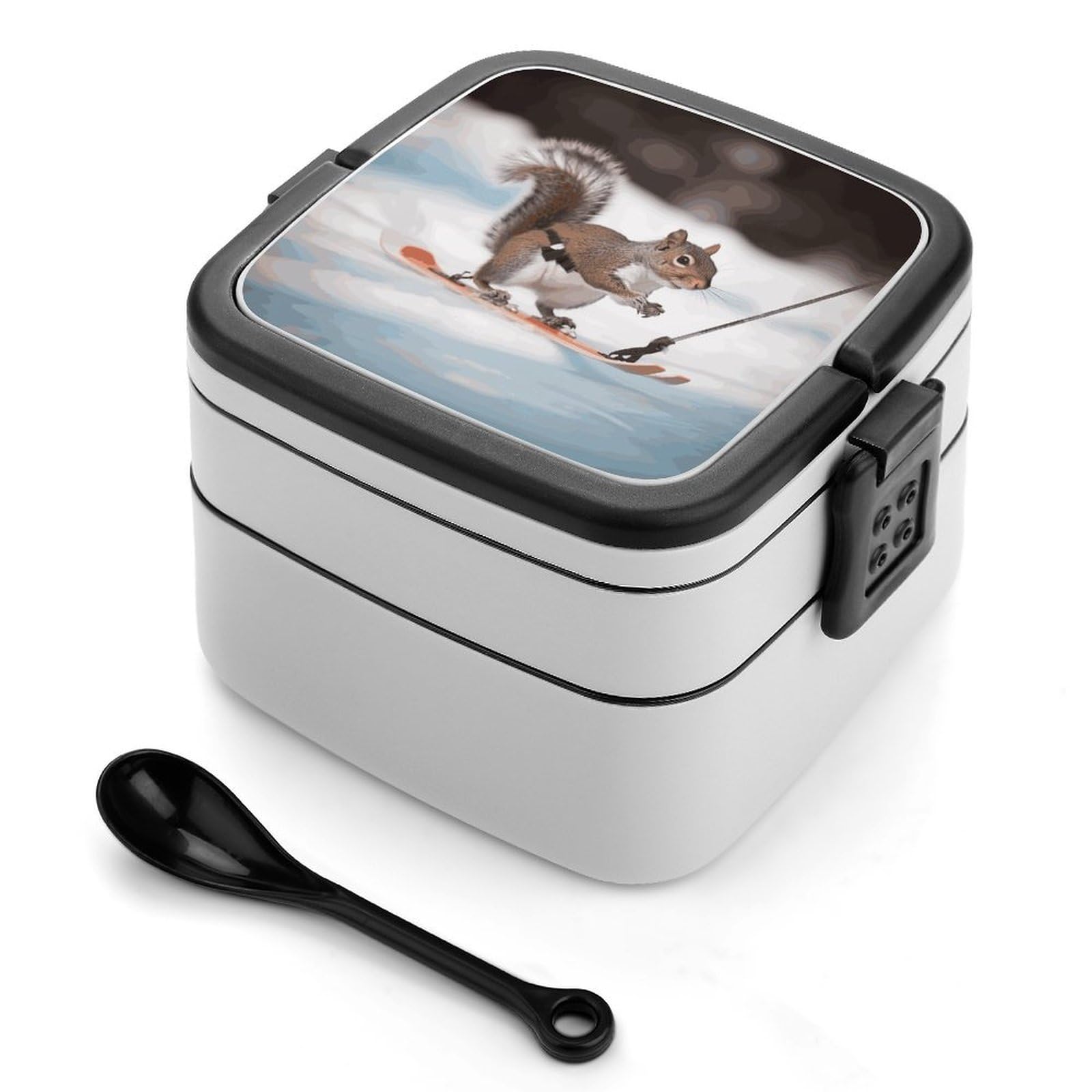 FekiLoot Skiing Squirrel Bento Box Adult Lunch Box Sealed Bento Lunch Boxes with Spoon Sturdy Double Layer Bento Boxes Snap-on Design Leak Proof Lunch Containers Ideal for Work