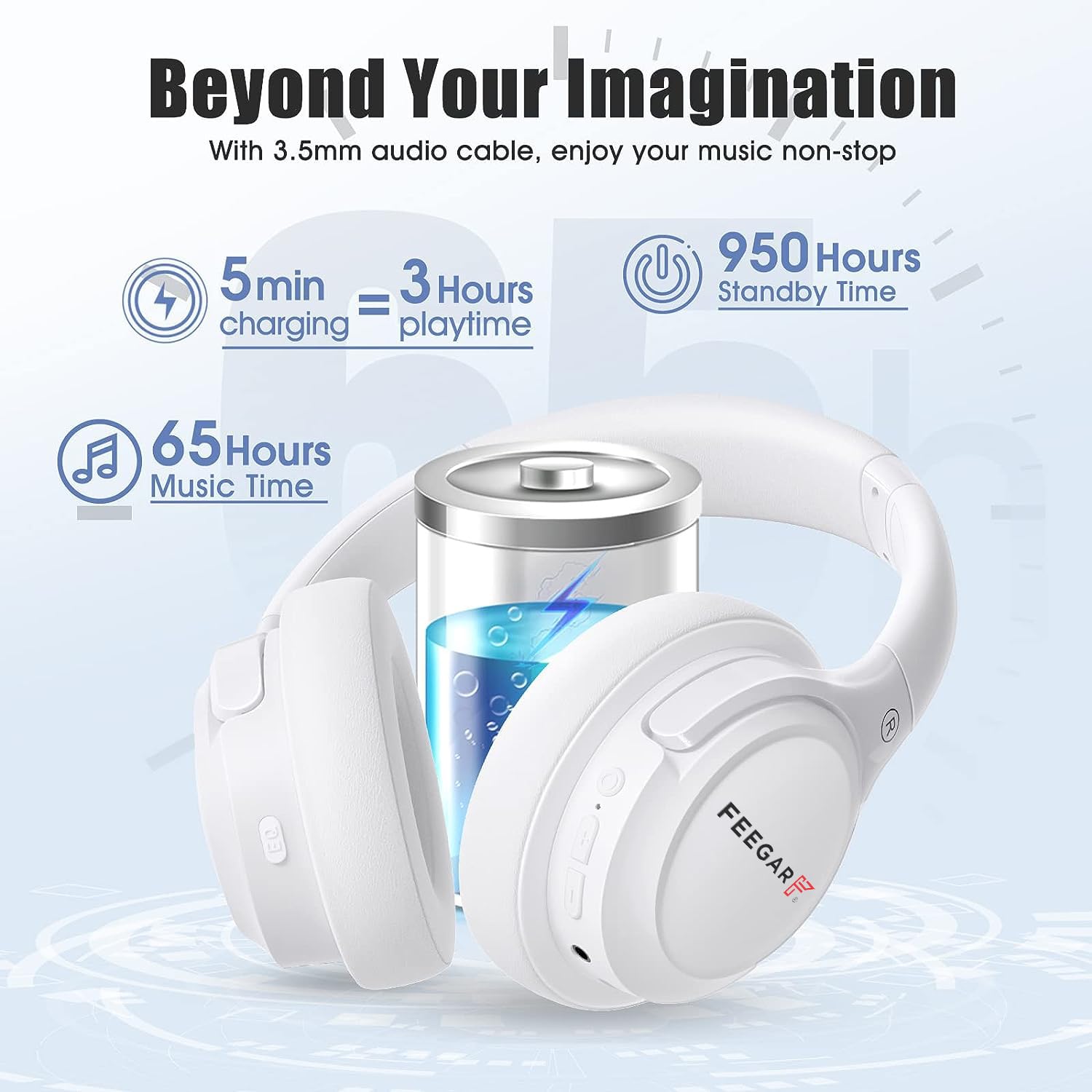 Feegar słuchawki Bluetooth przez ucho, 65 godzin odtwarzania i 6 trybów muzyki EQ, bezprzewodowe słuchawki z mikrofonem, stereo HiFi, składany, lekki zestaw słuchawkowy, głęboki bas (Białe)