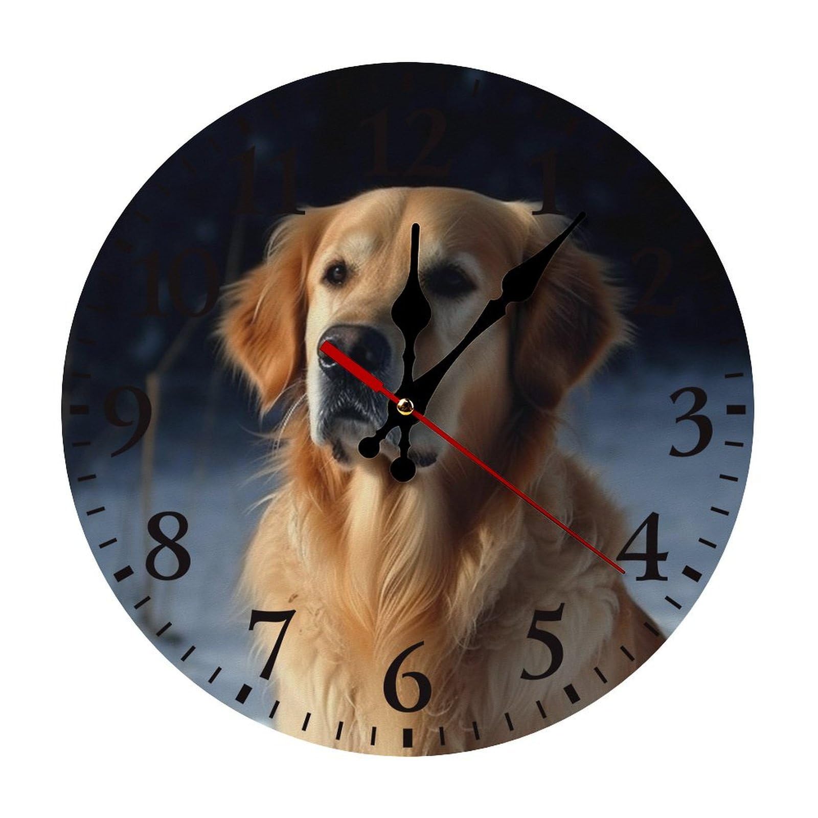 QMNLKH Golden Retriever Wall Clock for Home, Battery Operated Clock for Hotel, Round Wall Clock with Arabic Numerals Black, Easy to Read, Non-Ticking Clocks for Living Room 25 * 25cm