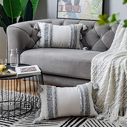 DEZENE Boho Throw Pillow Covers: 2 Pack 100% Cotton Woven Tufted Rectangle Lumbar Decorative Pillowcases with Tassels for Couch Sofa Bed, Accent Cushion Covers for Farmhouse, Kids, 12 x 20 Inch Grey