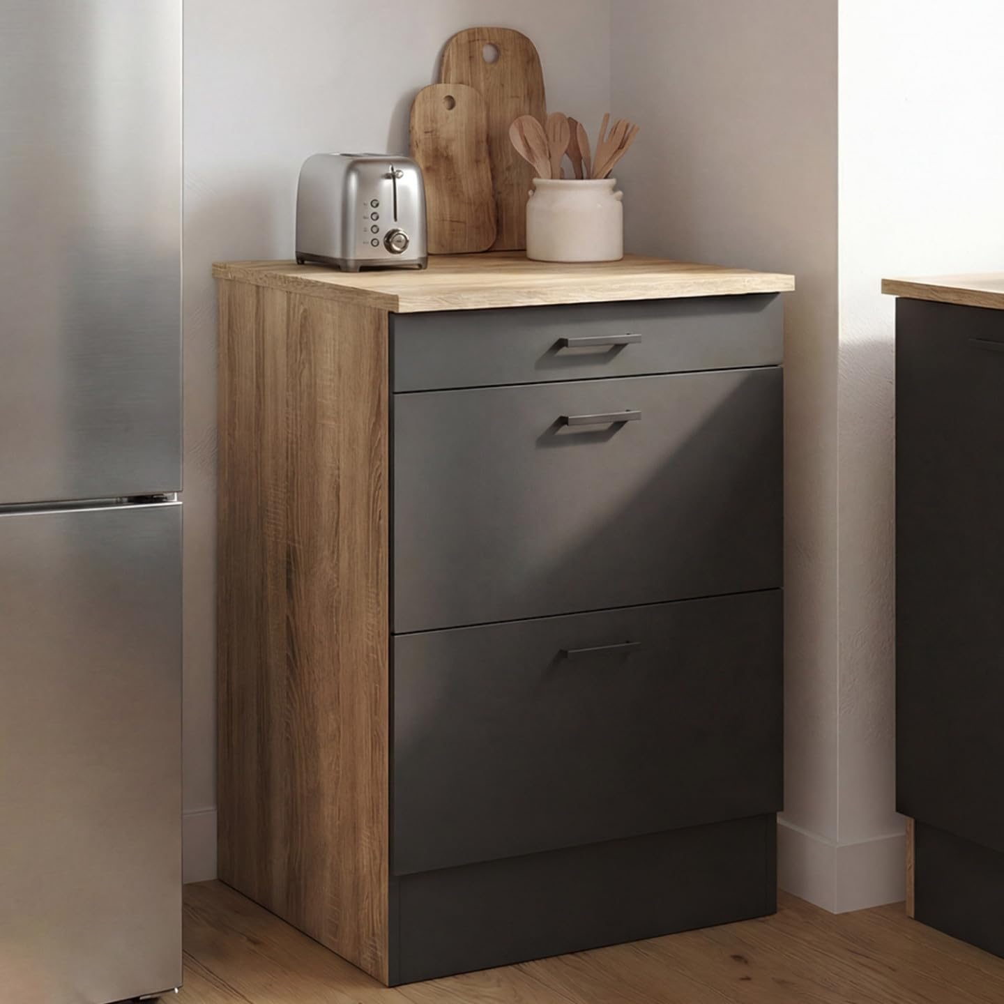 IDMarket - Meuble Bas de Cuisine 60 cm Subtil appoint casserolier 3 tiroirs Bois et Noir