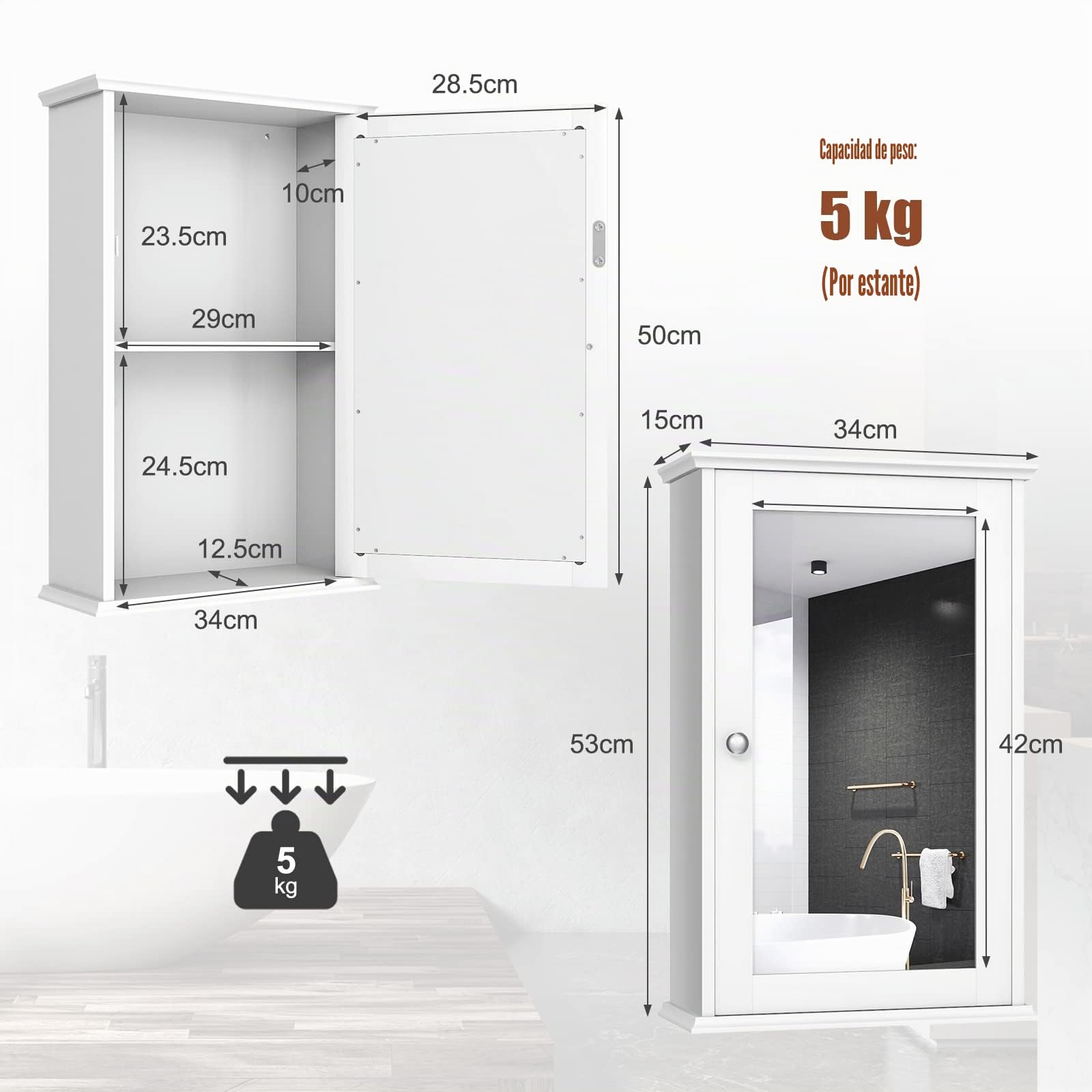 GIANTEX Armario de Pared con Espejo, Mueble de Baño Colgante con Espacio de Almacenamiento, Estante Interior Ajustable, 34 x 15 x 53 cm (Blanco)