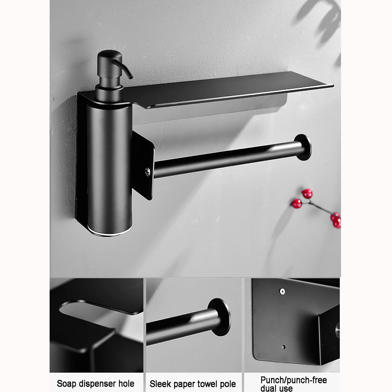 Portarrollos Papel Higienico, Porta Rollos de Papel Higienico Aluminio, Portarollos Papel Higienico Adhesivo con Espacioso Estante y Dispensador Jabon Baño, Multifunción Negro Mate