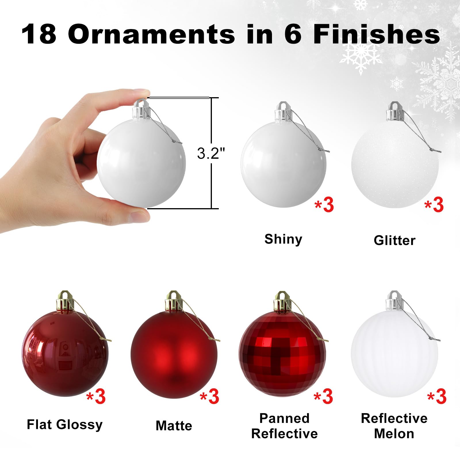 Lot de 18 grandes boules de Noël incassables à suspendre pour anniversaire, Pâques, Saint-Valentin, mariage (rouge et blanc) - 8,1 cm