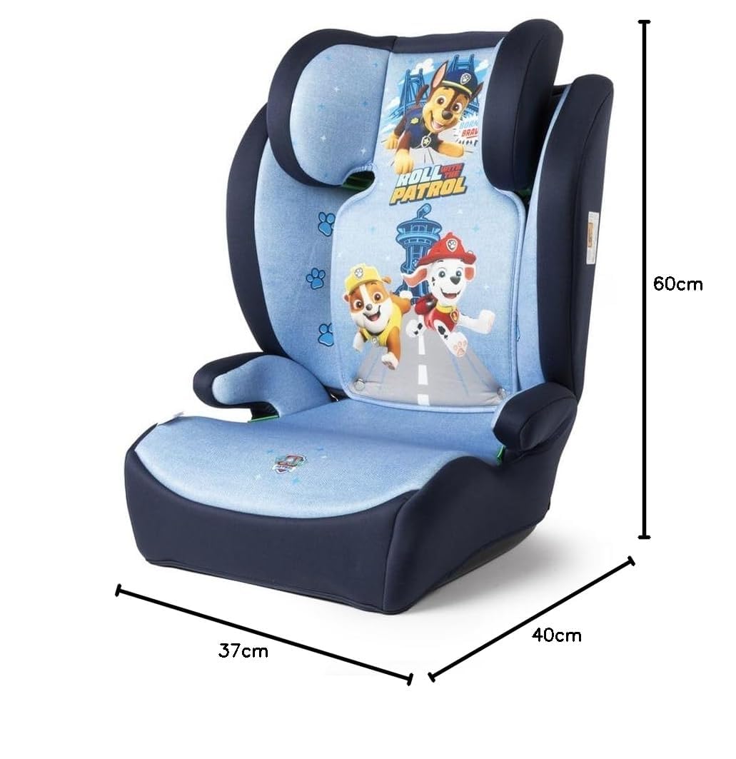 Paw Patrol Siège auto de sécurité pour enfants avec hauteur de 100 à 150 cm avec graphiques des jolis chiens Chase, Rubble et Marshall sur fond bleu et bleu