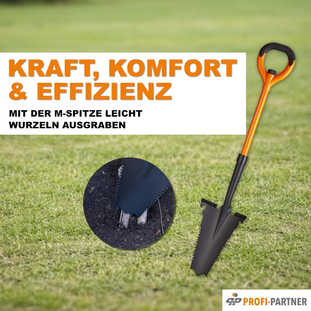 Spaten mit Wurzelsäge - Spitze aus Karbonstahl mit scharfen Zähnen, Griff aus Fieberglas, Integrierter Maulschlüssel & Flaschenöffner, 114 cm, Zerlegbar, Orange und Schwarz