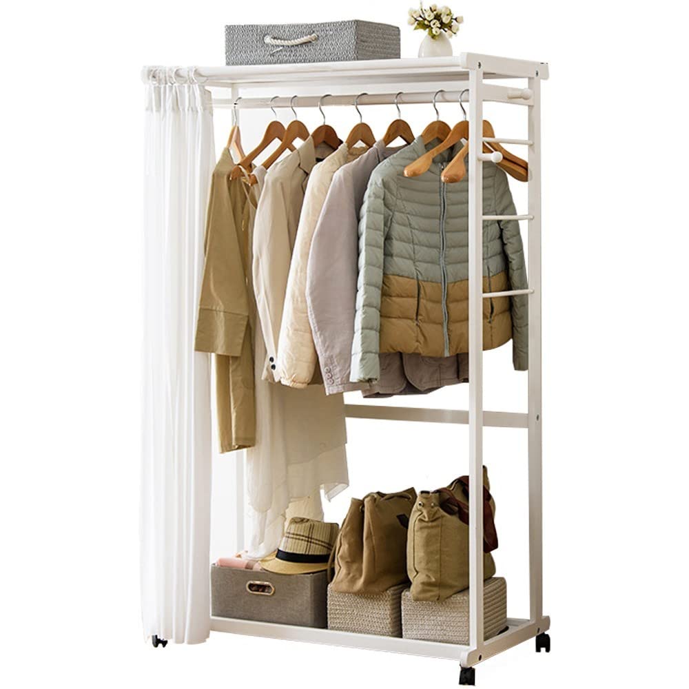 Garment Rail Clothes Rail Rack With Shelves Wooden Coat Rack Stand With 2-Tire Shoe Rack And Fabric Curtain