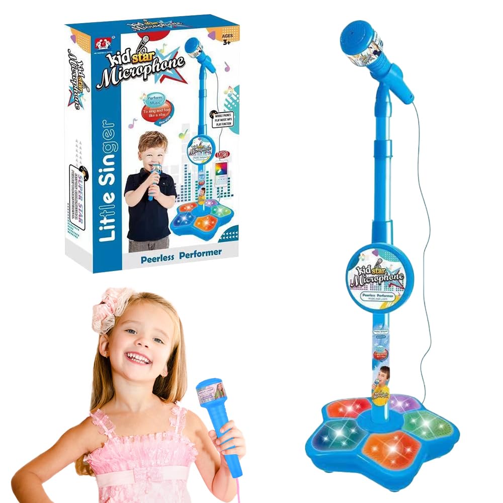 KQWVZ Kids Microphone and Stand, Adjustable Kids Karaoke Machines with Flashing Stage Lights, Stand Up Kid Karaoke Machines, Microphone with Stand for Kids Girls Boys Birthday Gift