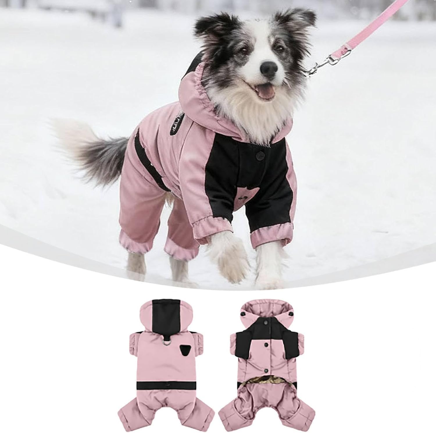 Warm Dog Coat with Hood,Dog Winter Coat 4 Legs Covered Waterproof Snowproof Winter Snowsuit for Puppy Adjustable Thermal Warm Snowsuit for Cold Weather Full Body Jacket (Pink, XL)