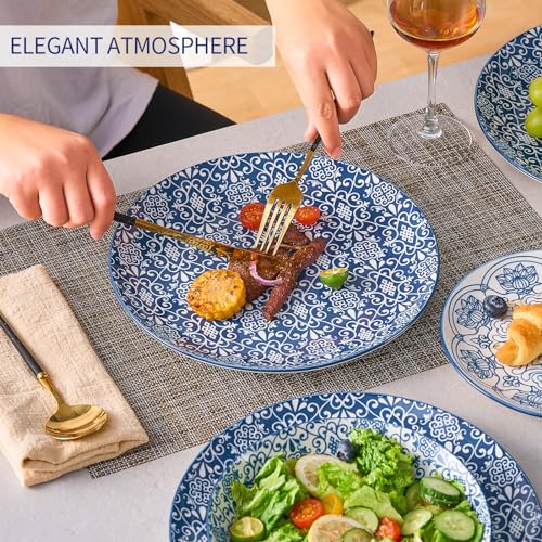 Image of Bestone Porcelain Dinnerware Sets Service for 4, 12 pcs Hand drawn Plates and Bowls Sets, Handmade Ceramic Dish Set, Chip Resistant Modern Plate Set, Dishwasher /Microwave Safe，Vintage Blue