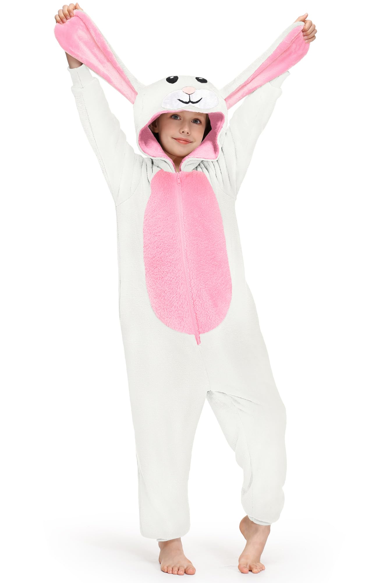 BesserBay Tuta intera unisex per bambini, con cappuccio, per Halloween, coniglietto peloso, 4-14 anni, Bianco | Tuta Coniglio, 8 anni