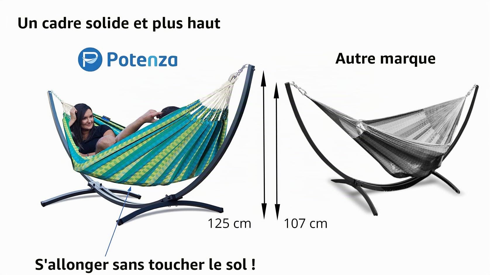 Potenza® Hamac avec Support Anti-rouille pour 2 personnes Démontable – Les Hamacs Double XXL - Lit en métal galvanisé antirouille suspendu portable - Jardin - Support Graphite un Hamac à franges Crème