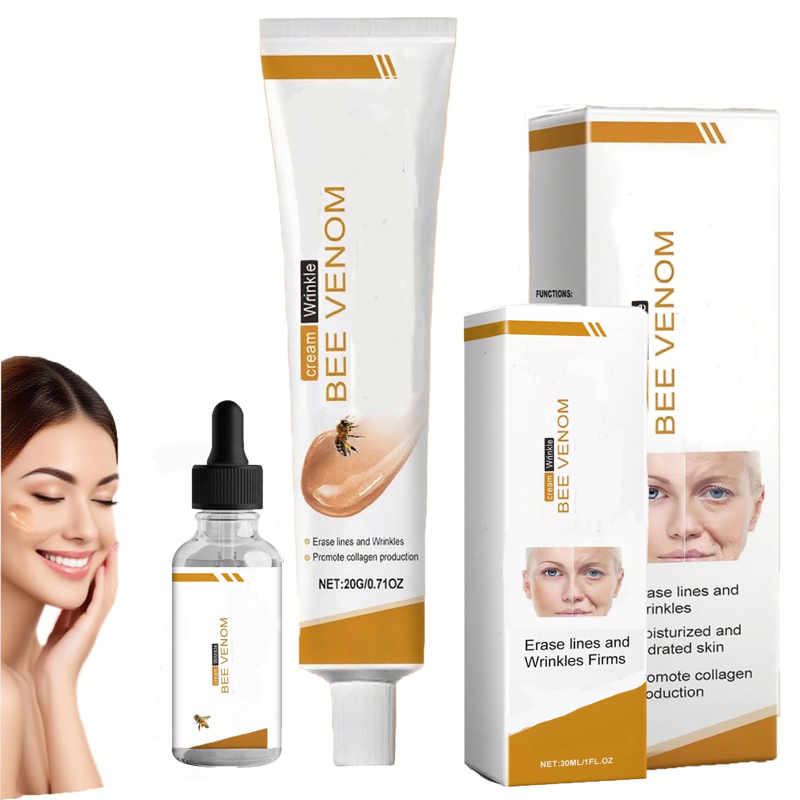 Bee Venom Anti-Wrinkle Firming Cream & Essence,Wrinkle Removal, Face Moisturizing, Lifting & Rejuvenating for All Skin Types,Anti-Aging Bee Venom Cream (2pcs)