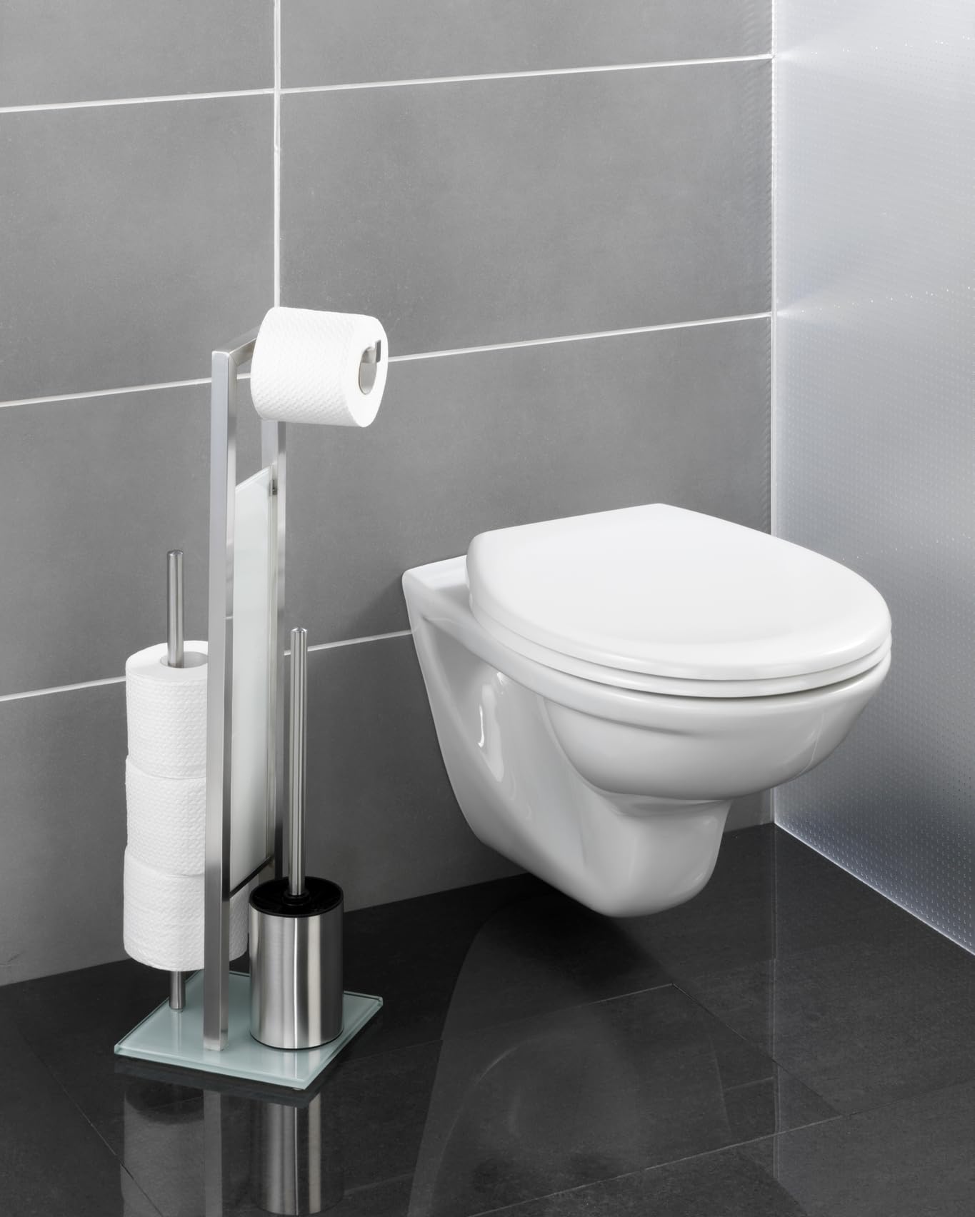 WENKO Piantana portarotolo e scopino WC Rivalta - Portascopino WC, Acciaio inossidabile, 18 x 70 x 23 cm, Opaco