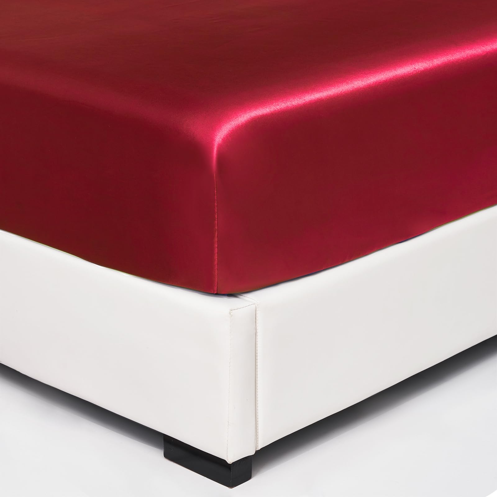 Wotcsil Red Satin Fitted Sheet Single Satin Silk Bed Sheets Silky Deep Pocket 36cm Soft and Breathable, Burgundy, 99 x 190cm